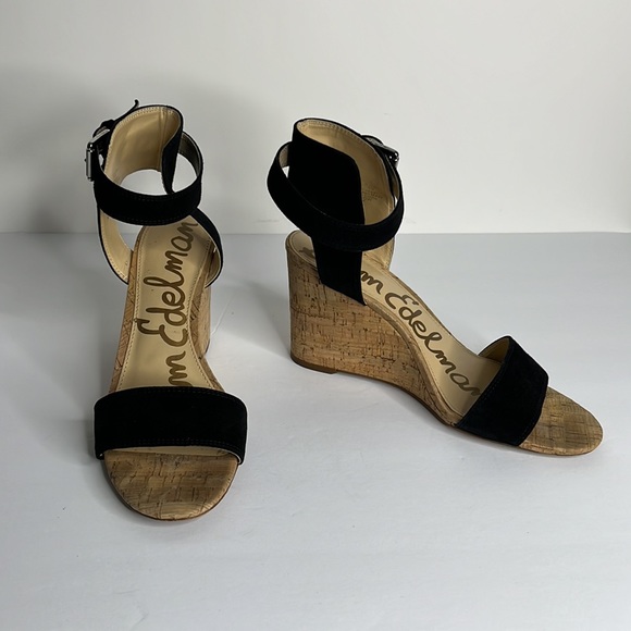 Sam Edelman Black Suede Cork Heel Wedge Sandal Size 9 - Picture 3 of 9